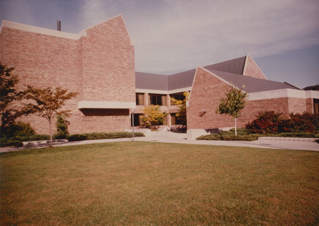 The new building in 1974, with sharp angles and brickwork.