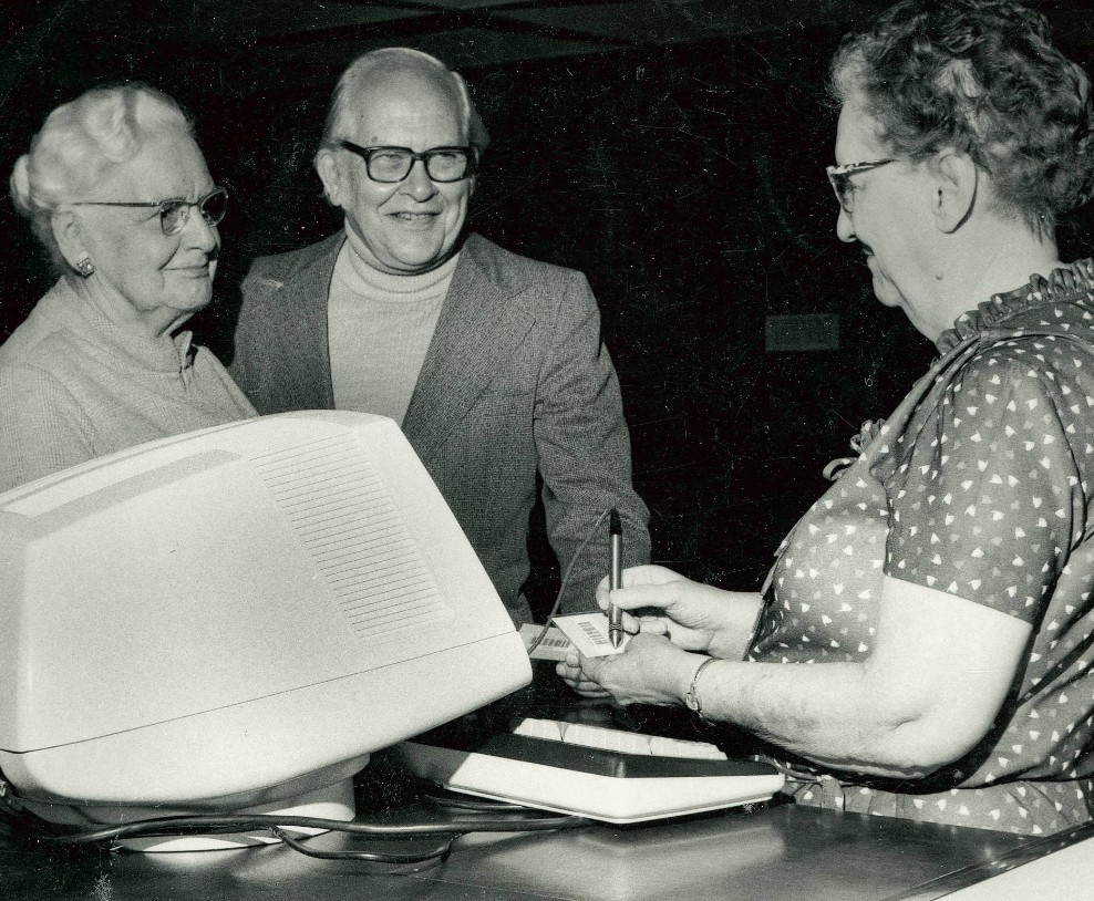 The first catalog machine, a blocky computer-like device,