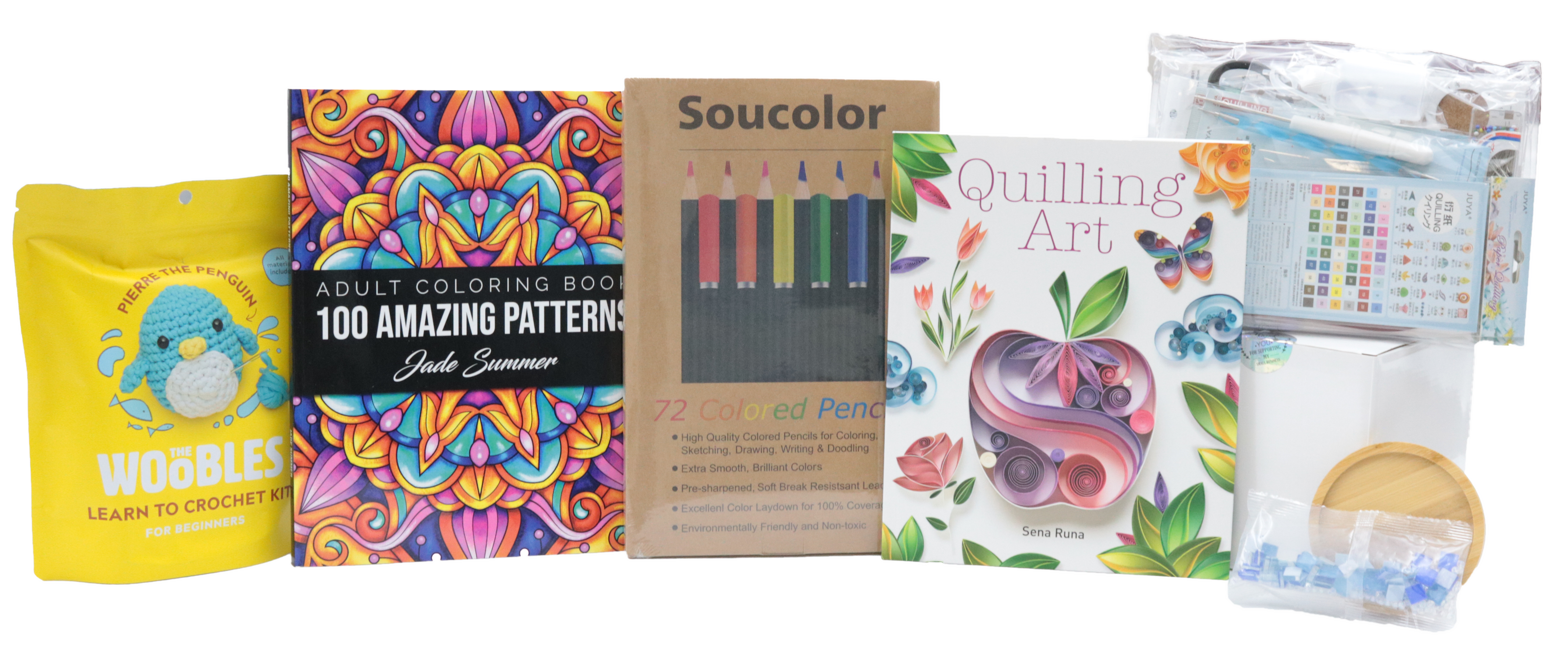 Crafting prize with colored pencils, workbooks, and crochet kit.