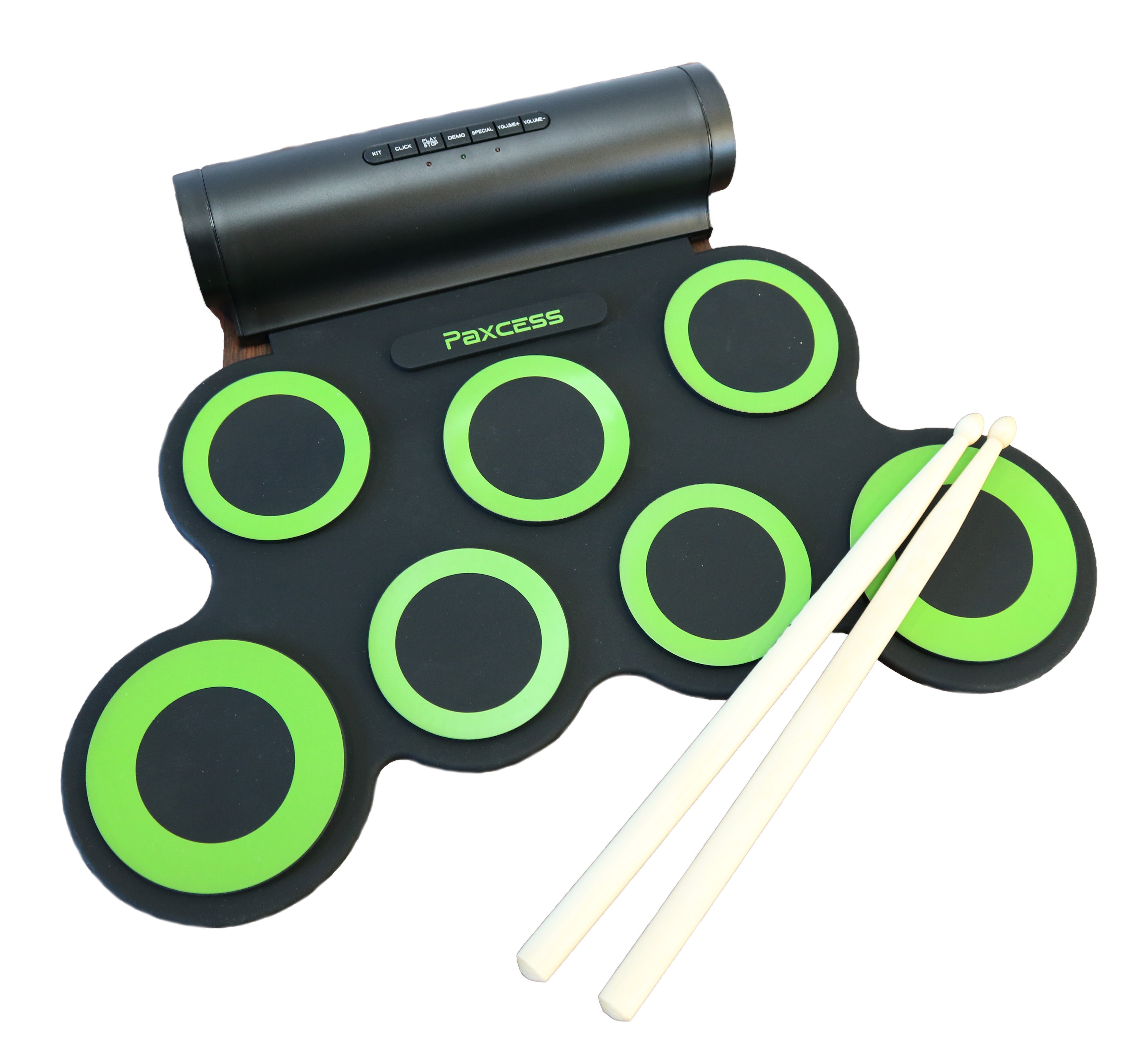 A green electronic drum set.