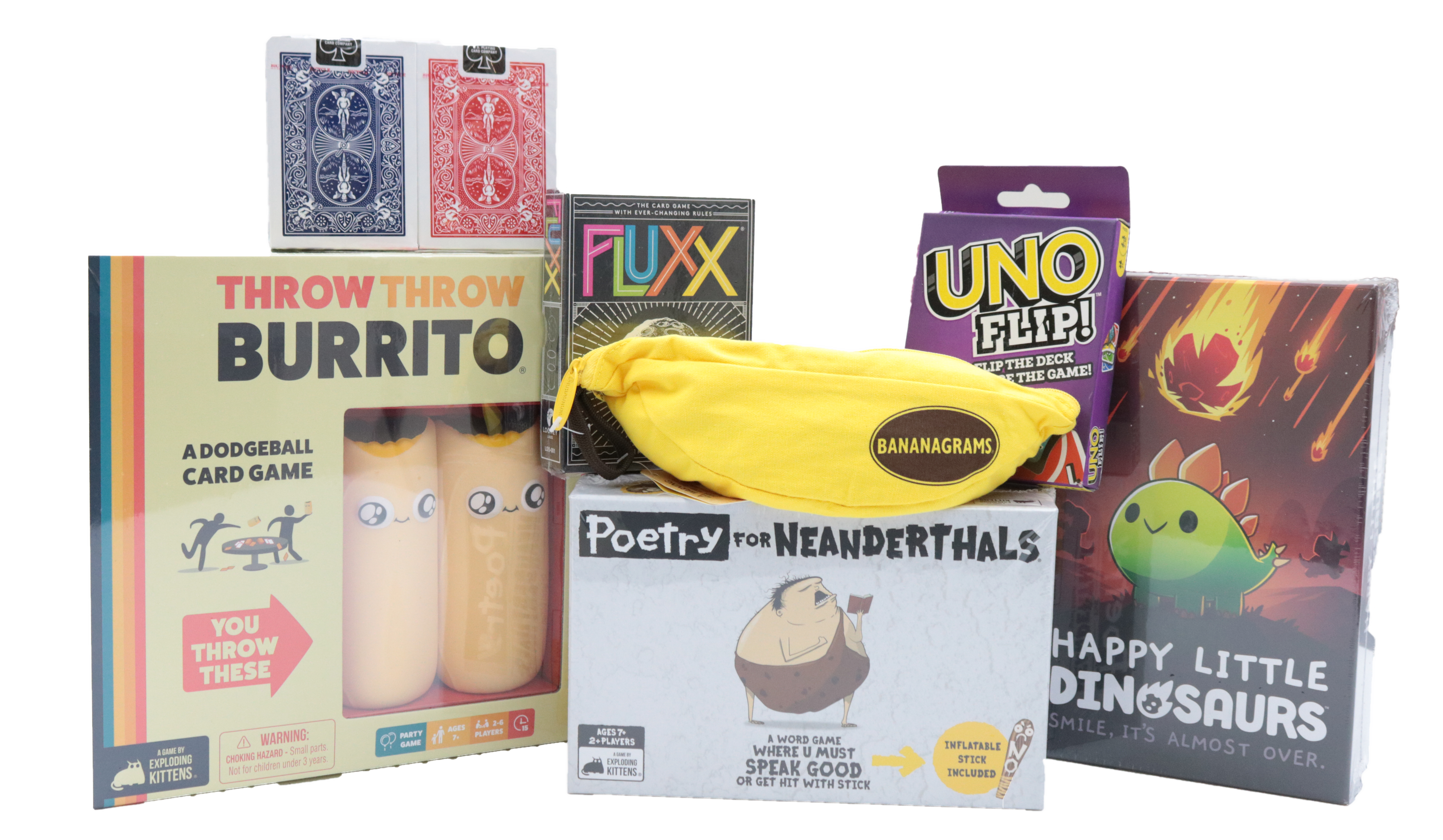 Game prize package with Uno, cards, and Fluxx.