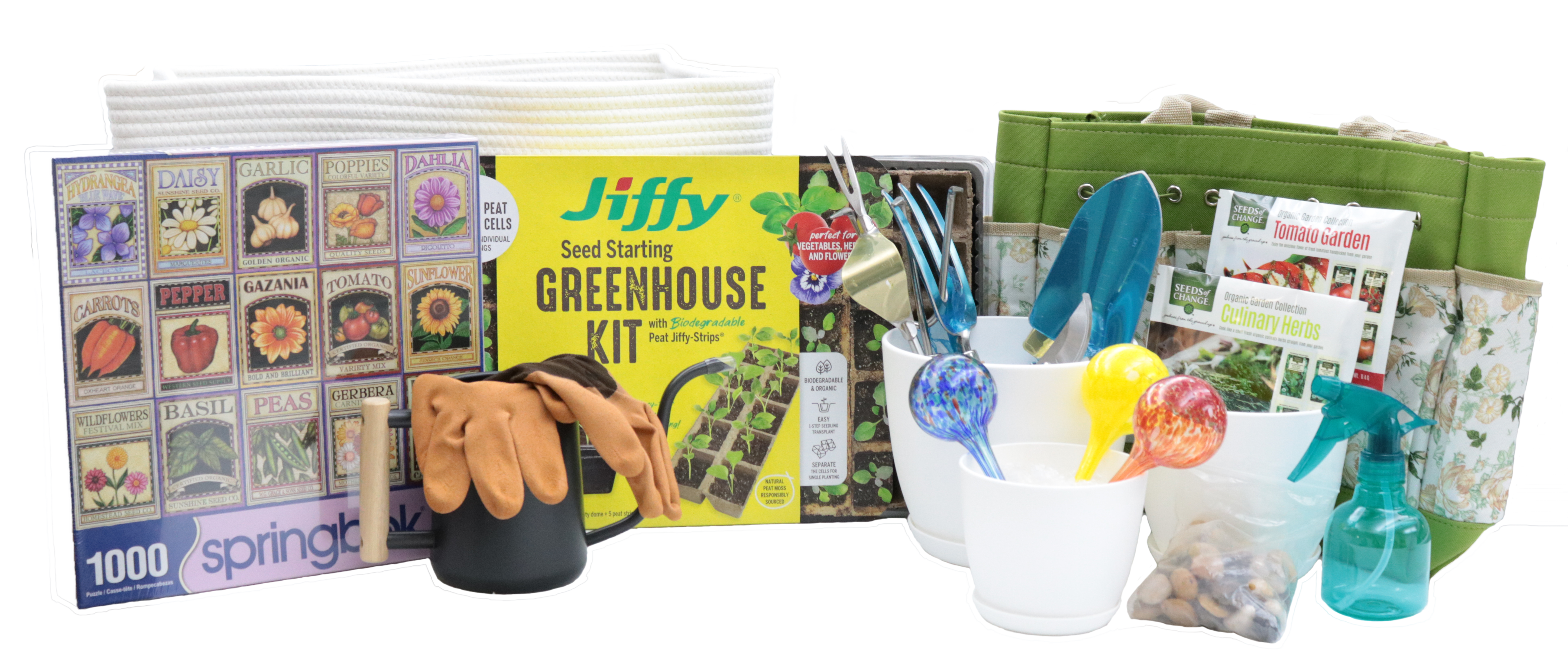 Gardening prize package with a greenhouse kit, seeds, and puzzle.